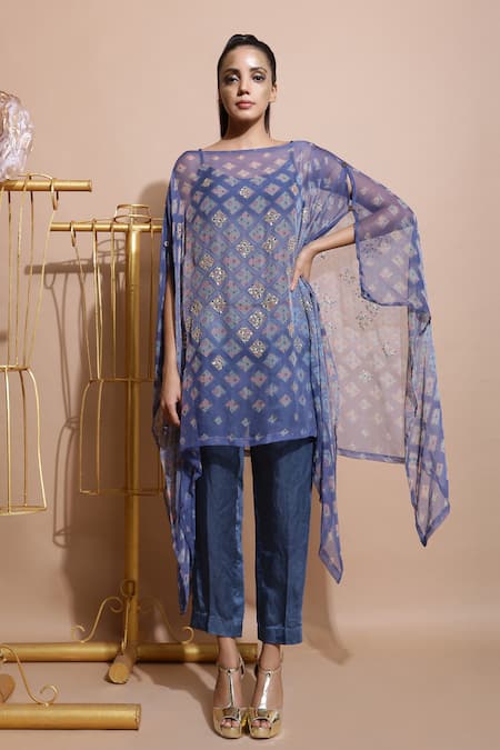 Shop Pallavi Jaipur Blue Top Chiffon Pant And Inner Linen Satin Cape Boat Inner With Straight at Aza Fashions Shop_Pallavi Jaipur_Blue Top Chiffon Pant And Inner Linen Satin Cape Boat Inner With Straight _at_Aza_Fashions