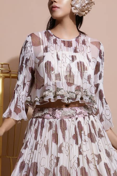 Pallavi Jaipur_White Chiffon, Shantoon Round Embroidered Top And Skirt Set _Online_at_Aza_Fashions