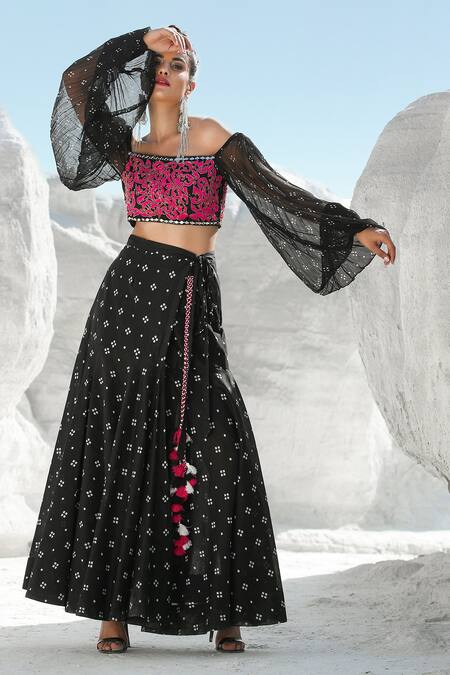 Pallavi Jaipur Black Top Chanderi And Chiffon Skirt Off Shoulder Crop And Set 