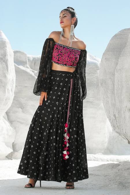 Pallavi Jaipur Black Top And Chiffon Skirt Off Shoulder Crop And Set Online at Aza Fashions Pallavi Jaipur_Black Top And Chiffon Skirt Off Shoulder Crop And Set _Online_at_Aza_Fashions