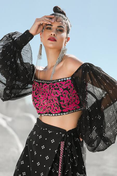 Buy Pallavi Jaipur Black Top And Chiffon Skirt Off Shoulder Crop And Set Online at Aza Fashions Buy_Pallavi Jaipur_Black Top And Chiffon Skirt Off Shoulder Crop And Set _Online_at_Aza_Fashions