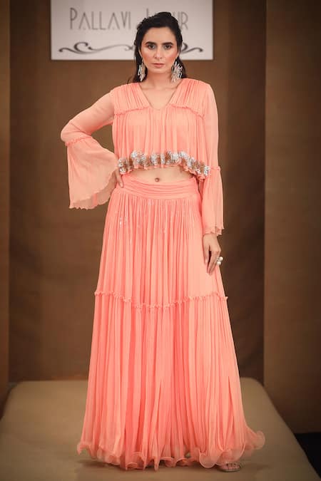 Shop_Pallavi Jaipur_Peach Chiffon Lining Shantoon Rings And Cutdana V Embroidered Top & Lehenga Set_Online_at_Aza_Fashions