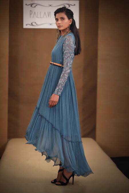 Pallavi Jaipur_Grey Chiffon Lining Shantoon Sequin Round High Low Midi Dress _Online_at_Aza_Fashions