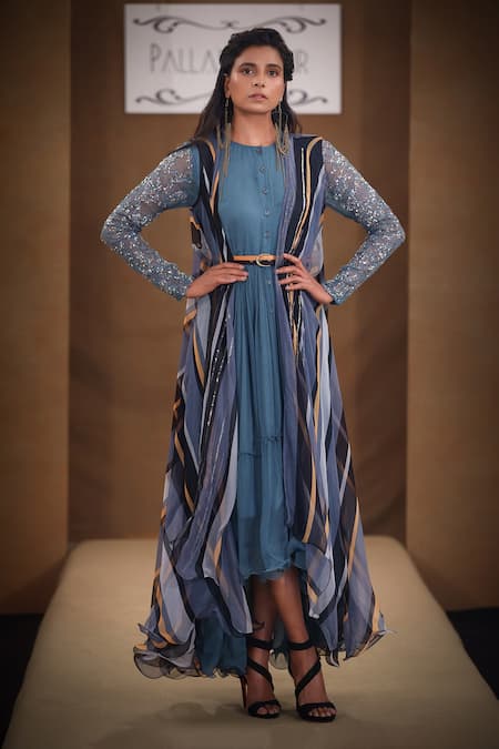 Pallavi Jaipur Midi Dress With Striped Cape 