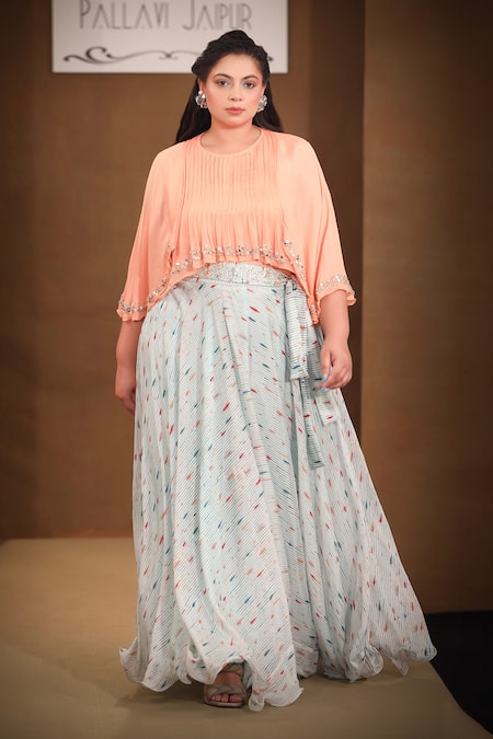 Pallavi Jaipur_Peach Top And Lehenga Wrinkle Crepe & Inner - Lycra Lining Printed With Set_Online_at_Aza_Fashions