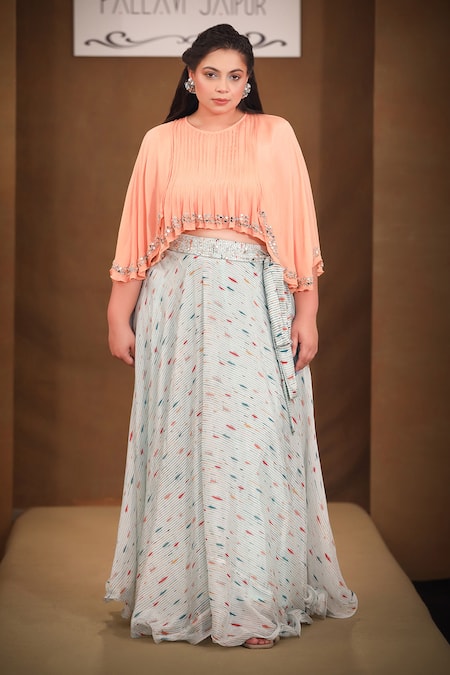 Buy_Pallavi Jaipur_Peach Top And Lehenga Wrinkle Crepe & Inner - Lycra Lining Printed With Set_Online_at_Aza_Fashions