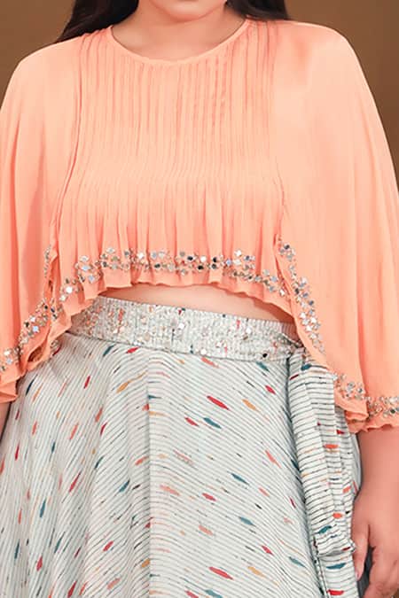 Shop_Pallavi Jaipur_Peach Top And Lehenga Wrinkle Crepe & Inner - Lycra Lining Printed With Set_Online_at_Aza_Fashions