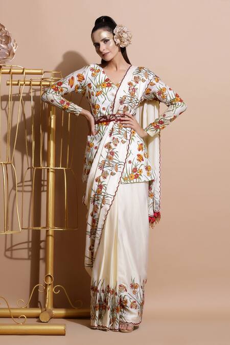 Buy Pallavi Jaipur White Chanderi, Shantoon, Bemberg V Neck Saree With Blouse Online at Aza Fashions Buy_Pallavi Jaipur_White Chanderi, Shantoon, Bemberg V Neck Saree With Blouse _Online_at_Aza_Fashions