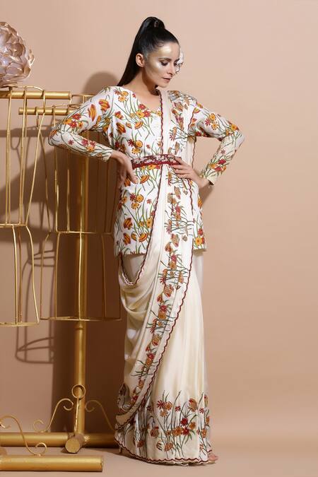 Pallavi Jaipur White Chanderi, Shantoon, Bemberg V Neck Saree With Blouse Online at Aza Fashions Pallavi Jaipur_White Chanderi, Shantoon, Bemberg V Neck Saree With Blouse _Online_at_Aza_Fashions