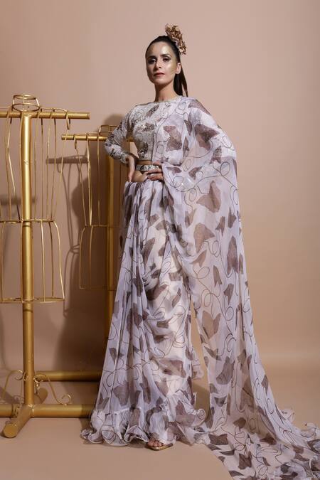 Pallavi Jaipur White Chiffon, Shantoon Round Floral Print Saree With Blouse Online at Aza Fashions Pallavi Jaipur_White Chiffon, Shantoon Round Floral Print Saree With Blouse _Online_at_Aza_Fashions