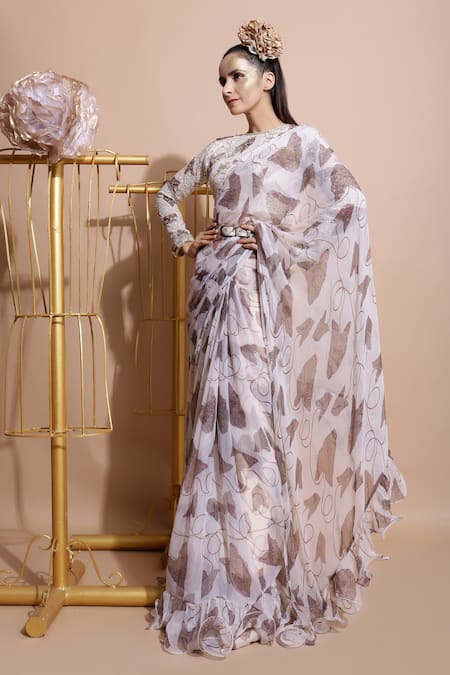 Shop Pallavi Jaipur White Chiffon, Shantoon Round Floral Print Saree With Blouse at Aza Fashions Shop_Pallavi Jaipur_White Chiffon, Shantoon Round Floral Print Saree With Blouse _at_Aza_Fashions