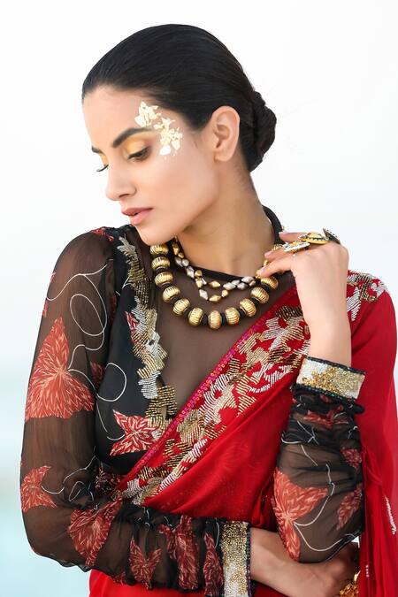 Buy_Pallavi Jaipur_Red Chiffon, Satin Blend Round Printed Pre-draped Saree Set _Online_at_Aza_Fashions