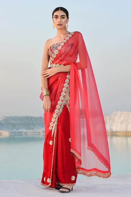 Pallavi Jaipur Red Raw Silk Embroidery Straight Saree With Blouse 