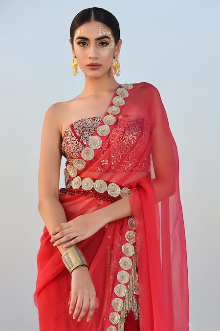 Buy_Pallavi Jaipur_Red Raw Silk, Organza Straight Embroidered Saree With Blouse_Online_at_Aza_Fashions