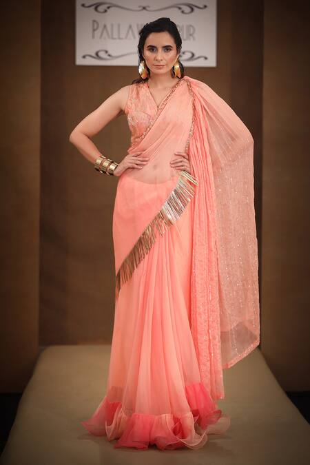 Buy_Pallavi Jaipur_Peach Saree Chiffon And Blouse Raw Silk Lining Embroidered Ruffle With _Online_at_Aza_Fashions