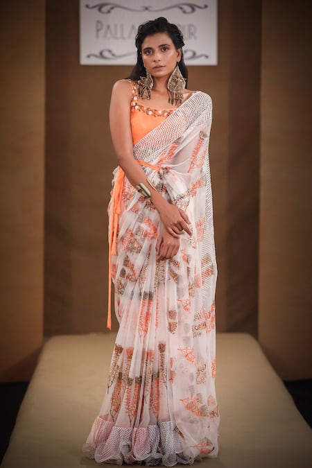 Pallavi Jaipur_Beige Blouse Crepe And Saree Chiffon Lining Shantoon Floral Ruffle With _Online_at_Aza_Fashions