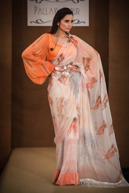 Pallavi Jaipur_Beige Blouse Swiss Slub Silk, Chiffon And Saree Chiffon Lining Shantoon With _Online_at_Aza_Fashions