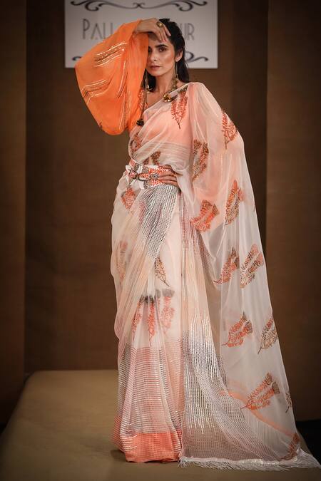 Shop_Pallavi Jaipur_Beige Blouse Swiss Slub Silk, Chiffon And Saree Chiffon Lining Shantoon With _Online_at_Aza_Fashions