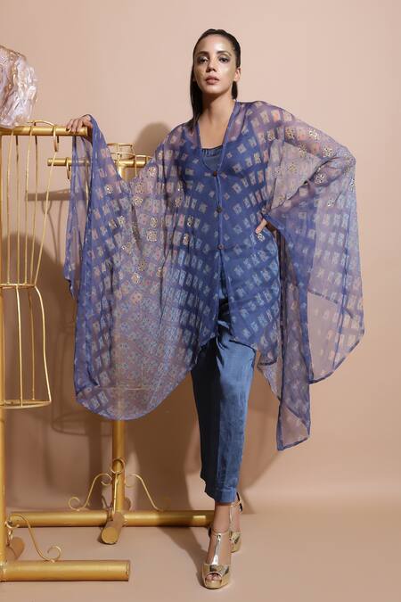 Pallavi Jaipur Blue Chiffon V Neck Printed Cape Online at Aza Fashions Pallavi Jaipur_Blue Chiffon V Neck Printed Cape _Online_at_Aza_Fashions