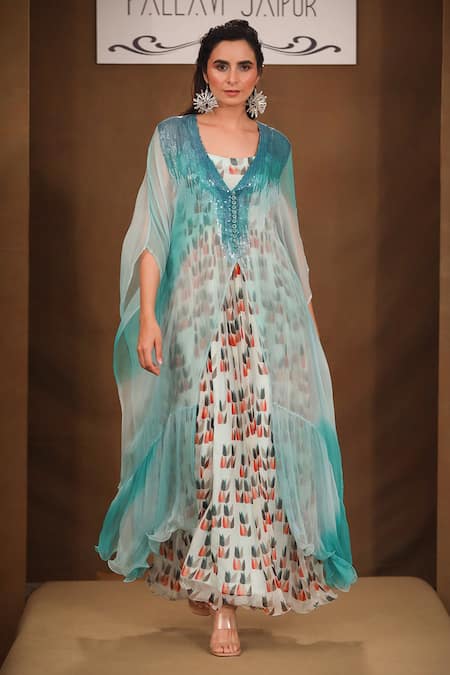Shop_Pallavi Jaipur_Green Chiffon Lining Shantoon Sequin V Neck Kaftan Style Cape _at_Aza_Fashions