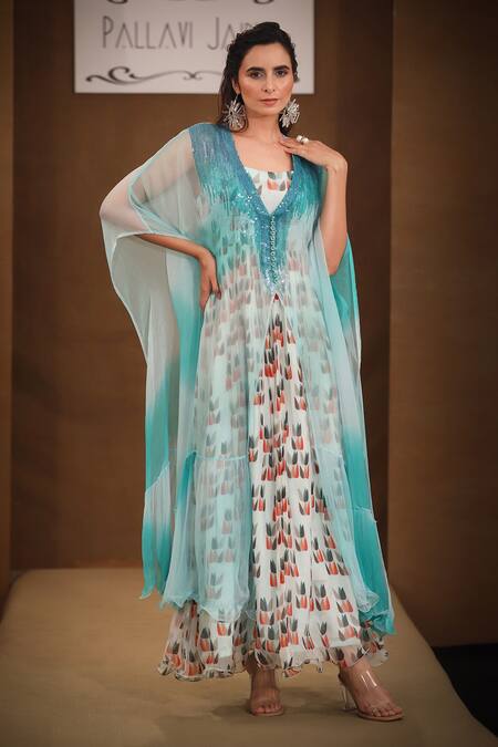 Buy_Pallavi Jaipur_Green Chiffon Lining Shantoon Sequin V Neck Kaftan Style Cape _Online_at_Aza_Fashions