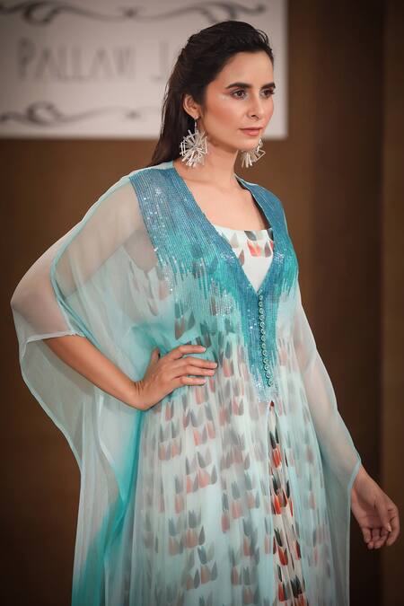 Shop_Pallavi Jaipur_Green Chiffon Lining Shantoon Sequin V Neck Kaftan Style Cape _Online_at_Aza_Fashions
