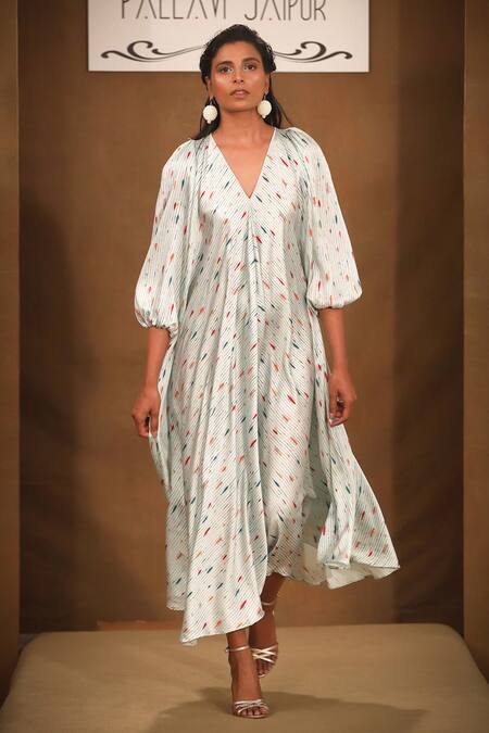 Shop_Pallavi Jaipur_Green Silk Satin Stripes And Abstract V Neck Dress With Belt _at_Aza_Fashions