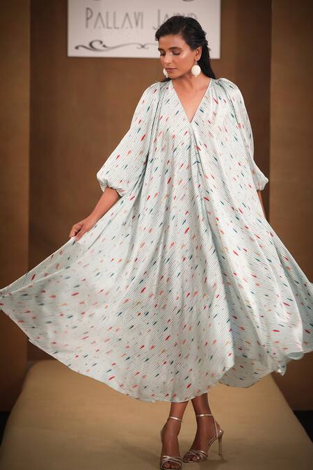 Pallavi Jaipur_Green Silk Satin Stripes And Abstract V Neck Dress With Belt _Online_at_Aza_Fashions