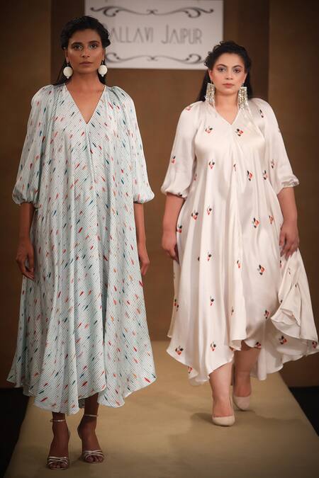 Buy_Pallavi Jaipur_Green Silk Satin Stripes And Abstract V Neck Dress With Belt _Online_at_Aza_Fashions