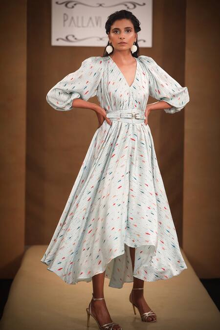 Shop_Pallavi Jaipur_Green Silk Satin Stripes And Abstract V Neck Dress With Belt _Online_at_Aza_Fashions