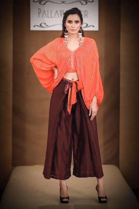 Pallavi Jaipur_Orange Top Wrinkle Crepe And Pants Chanderi Sequin V Neck Embroidered & Set_Online_at_Aza_Fashions