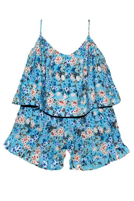 Shop Pwn Blue Wrinkled Rayon Floral Print Jumpsuit at Aza Fashions Shop_Pwn_Blue Wrinkled Rayon Floral Print Jumpsuit _at_Aza_Fashions