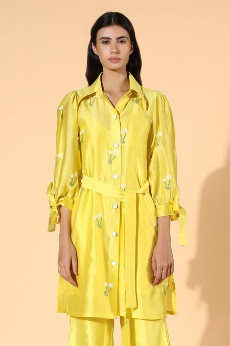 Meadow Yellow Tunic And Pants Silk Chanderi Inner Cotton Spread Collar & Set Online at Aza Fashions Meadow_Yellow Tunic And Pants Silk Chanderi Inner Cotton Spread Collar & Set _Online_at_Aza_Fashions