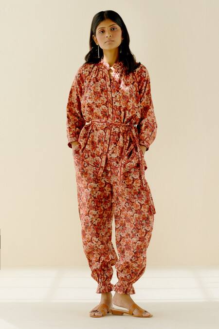 POZRUH_Red Hemp Printed Harem Pants_Online_at_Aza_Fashions