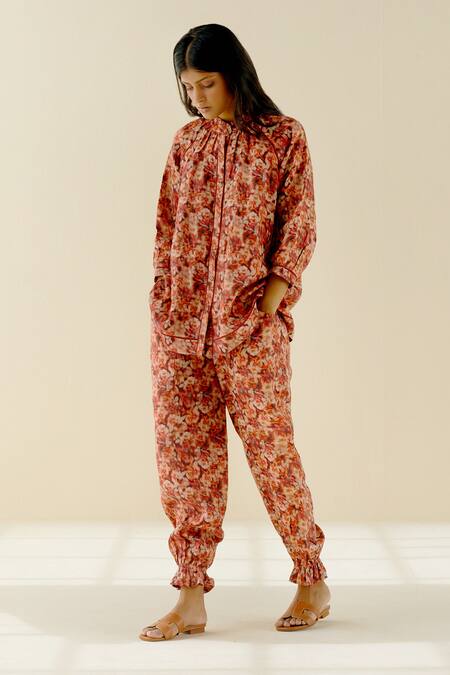 Buy_POZRUH_Red Hemp Printed Harem Pants_Online_at_Aza_Fashions