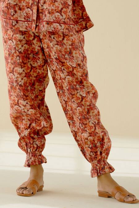 Shop_POZRUH_Red Hemp Printed Harem Pants_Online_at_Aza_Fashions