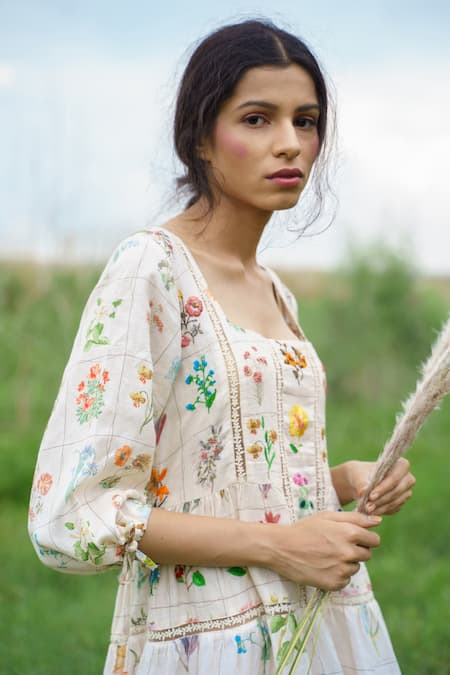 Buy_Pozruh By Aiman_White Pure Hemp Square Neck Floral Printed Maxi Dress _Online_at_Aza_Fashions