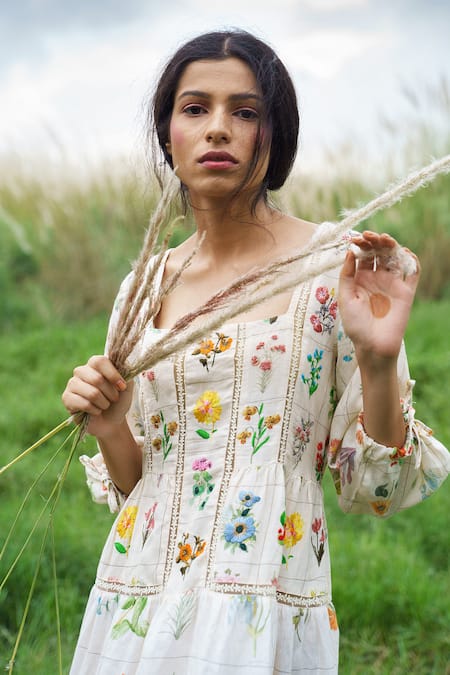 Shop_Pozruh By Aiman_White Pure Hemp Square Neck Floral Printed Maxi Dress _Online_at_Aza_Fashions