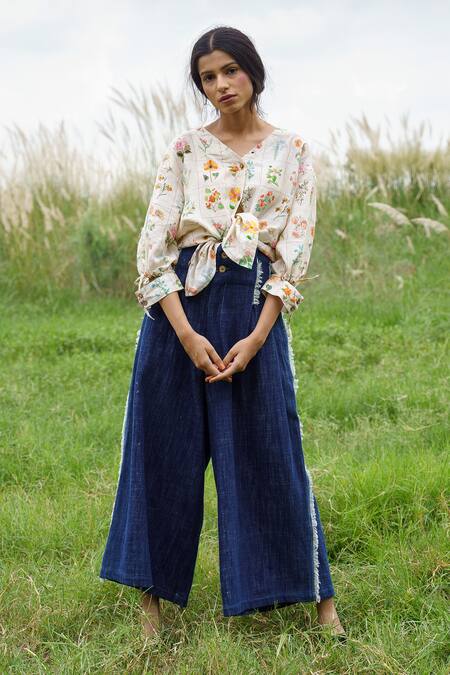 Buy_Pozruh By Aiman_White Pure Hemp V Neck Floral Printed Top _Online_at_Aza_Fashions