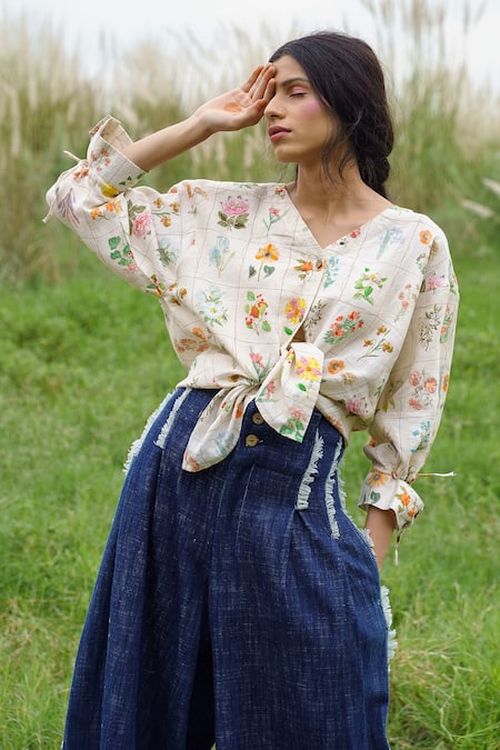 Pozruh By Aiman_White Pure Hemp V Neck Floral Printed Top _Online_at_Aza_Fashions