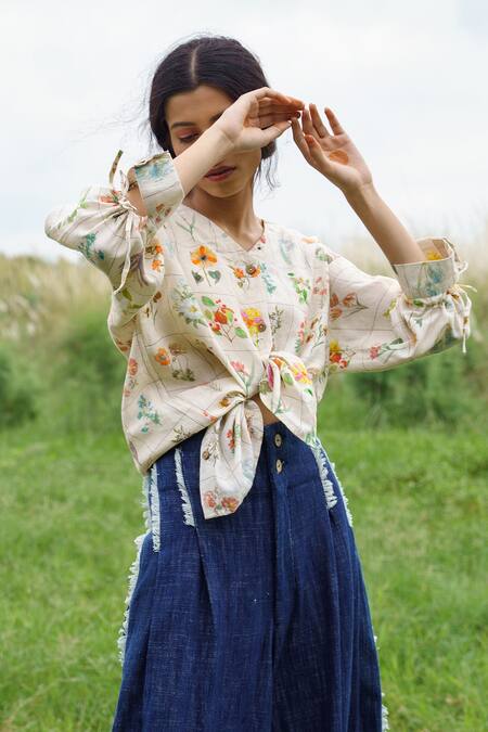 Shop_Pozruh By Aiman_White Pure Hemp V Neck Floral Printed Top _Online_at_Aza_Fashions