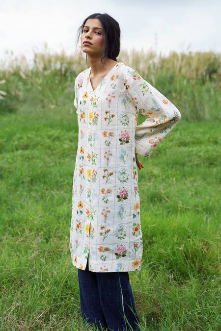 Pozruh By Aiman_White Pure Hemp V Neck Floral Printed Kurta _Online_at_Aza_Fashions