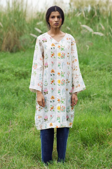 Shop_Pozruh By Aiman_White Pure Hemp V Neck Floral Printed Kurta _Online_at_Aza_Fashions