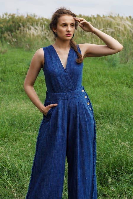 Pozruh By Aiman_Blue Denim Jumpsuit _Online_at_Aza_Fashions