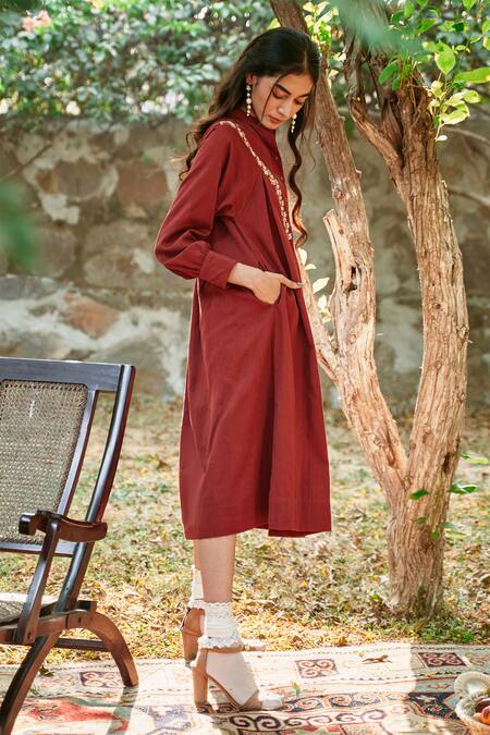 Shop_POZRUH_Maroon Handloom Denim Twill Embroidered Dress_Online_at_Aza_Fashions