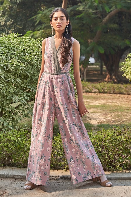 Buy Pink Chiffon; Lining: Satin And Embroidery Floral V Jumpsuit For Women  by Seema Thukral Online at Aza Fashions.