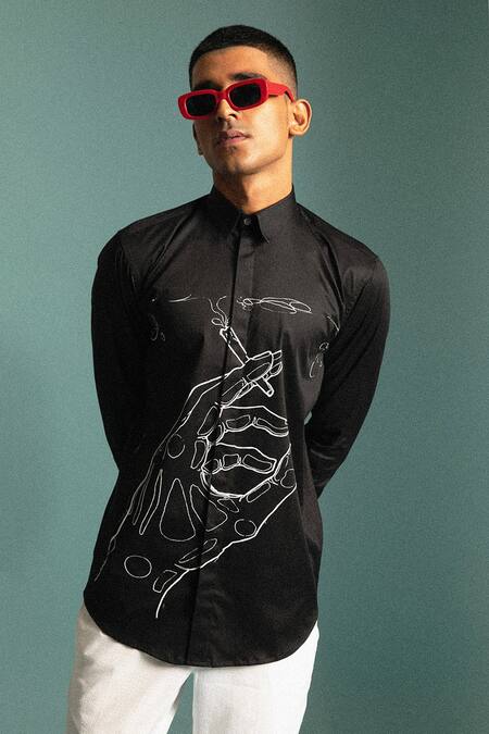 Buy_Sahil Aneja_Black Cotton Screen Print Nubes Grises Shirt_Online_at_Aza_Fashions