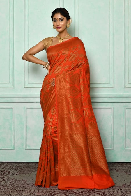 Nazaakat by Samara Singh Orange Banarasi Silk Woven Floral Saree