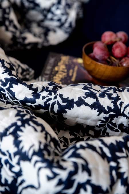 Shop_Raamae_Blue 100% Cotton Hand Block Print Bouti Quilt_Online_at_Aza_Fashions