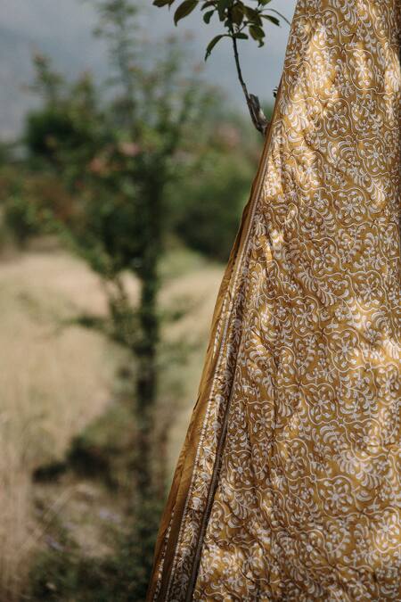 Shop_Raamae_Yellow 100% Cotton Hand Block Print Zaal Quilt_Online_at_Aza_Fashions